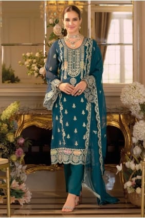 Eid Salwar Kameez in Teal Chinon chiffon with Sequins SK155956