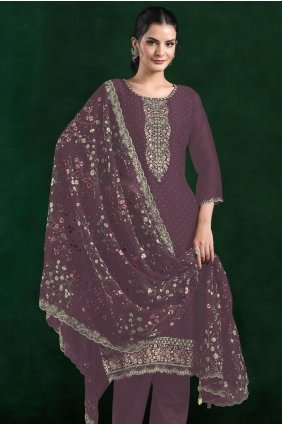 Chiffon Straight Pant Suit in Mauve with Embroidered SK159232