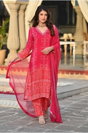 Chiffon Straight Pant Suit in Pink with Embroidered SK155398