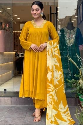 Chiffon Straight Pant Suit with Embroidered in Mustard  SK155264