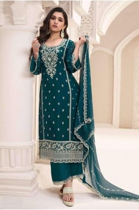 Chiffon Straight Pant Suit with Embroidered in Rama  SK155312