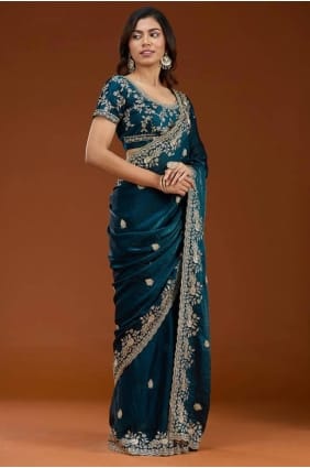 Zari Party Wear Saree in Teal Chiffon SR29316