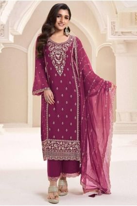 Chiffon Straight Pant Suit in Wine  with Embroidered SK155311