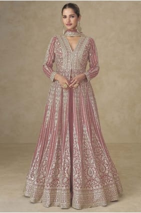 Embroidered Chinon chiffon Anarkali Suit in Orange with Dupatta AS4247
