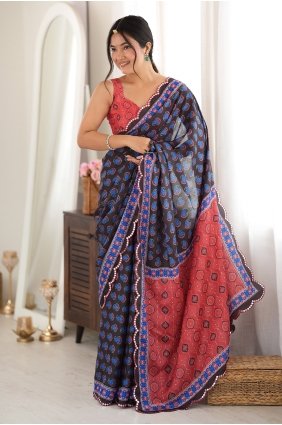 Chinon chiffon Black Saree in Mirror printed SR30272