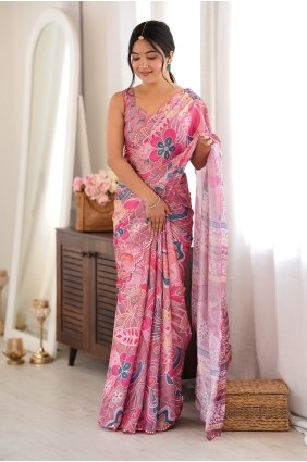 Mirror printed Saree in Pink Chinon chiffon SR30266