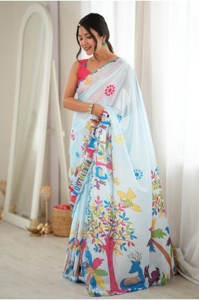 Mirror printed Chinon chiffon Sky blue Saree with Blouse SR30279