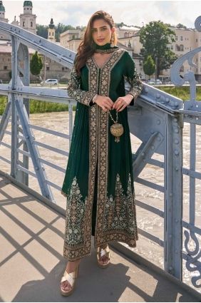 Green Palazzo Suit in Chinon chiffon with Embroidered PZ4445