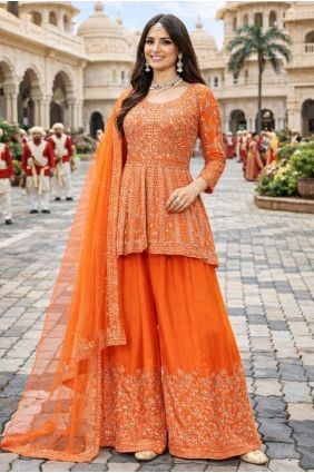 Orange Palazzo Suit with Embroidered Chinon chiffon PZ4409