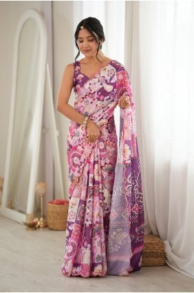Purple Saree in Mirror printed Chinon chiffon SR30280