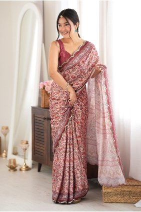 Brown Chinon chiffon Saree with Mirror printed SR30271