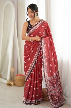 Mirror printed Chinon chiffon Saree in Rust SR30276