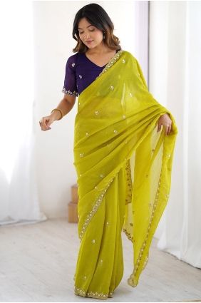 Lemon Chinon Chiffon Saree with Stone & Moti Work SR29826