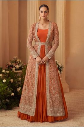 Embroidered Chinon Gown Dress in Orange with Dupatta GW1278