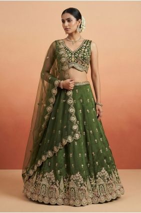 Olive green Lehenga Choli in Embroidered Chinon chiffon LC9163