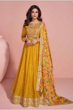 Chinon Yellow Anarkali Suit in Embroidered AS4104
