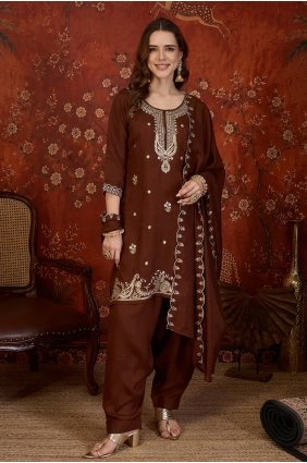 Embroidered Silk Coffee Palazzo Suit with Dupatta PS2444