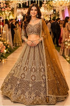 Copper gold Party Lehenga Choli in Embroidered Net LC9076