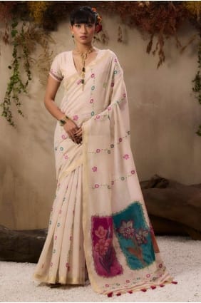 Cotton Saree with Resham,zari in Cream SR29607