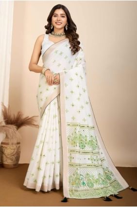 Cotton Digital print Off white  Saree with Blouse SR28136