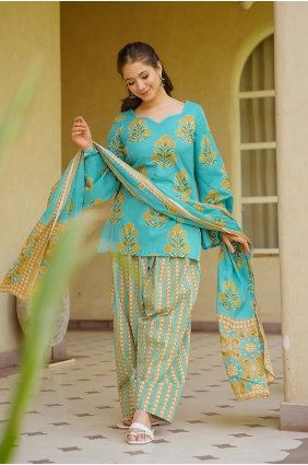 Cotton Straight Suit in Sea green with Digital print SK159205