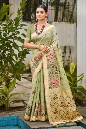 Green Embroidered Cotton Saree SR29840