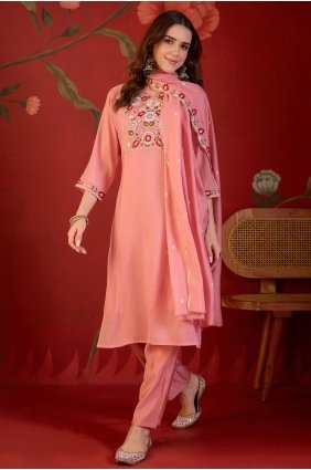 Peach Cotton Embroidered Straight Pant Suit with Dupatta SK159245