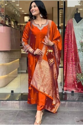 Rust Embroidered Cotton Eid Salwar Kameez SK156015