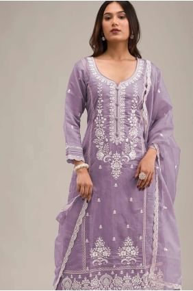 Cotton Embroidered Voilet  Straight Pant Suit with Dupatta SK155273