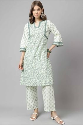 Cotton Kurti with Plain in Mint green  KTI2644