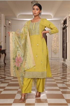 Light Yellow Eid Salwar Kameez in Embroidered Cotton SK155979