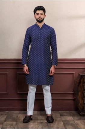 Cotton Men Kurta in Blue with Weaving KURR503
