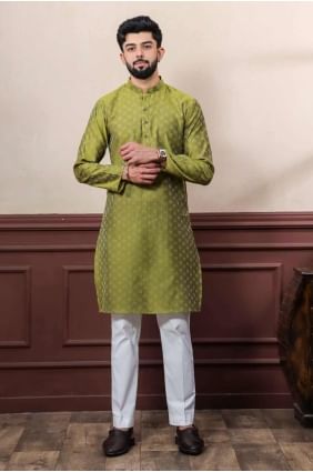 Cotton Men Kurta in Mahendi  with Weaving KURR499