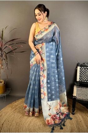 Blue Printed Cotton Saree SR30059