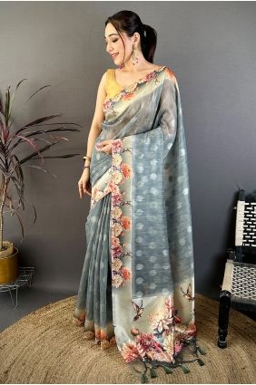 Grey Saree with Printed Cotton SR30062