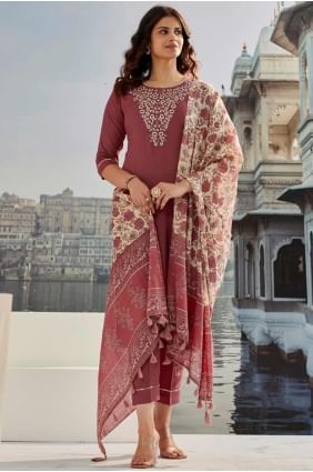 Cotton Printed Pink Straight Pant Suit with Dupatta SK155389