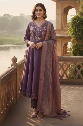 Purple Anarkali Suit in Embroidered Cotton AS4163