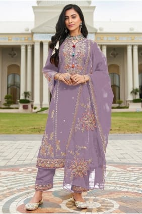 Purple Cotton Embroidered Salwar Kameez with Dupatta SK15618