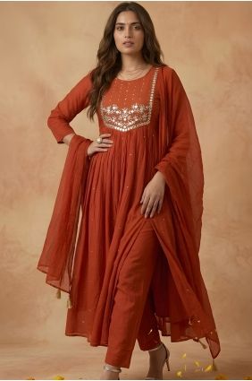 Rust Cotton Embroidered Salwar Kameez with Dupatta SK159104