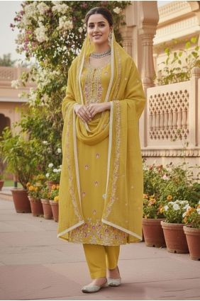 Yellow Salwar Kameez in Embroidered Cotton SK15696