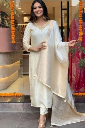 Cream Embroidered Eid Salwar Kameez in Cotton SK156008