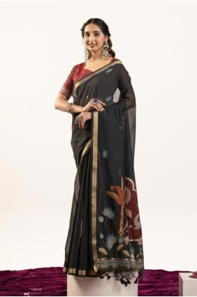 Zari Cotton Saree in Black with Blouse SR29594