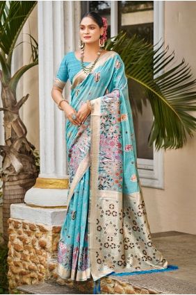 Blue Cotton Saree with Embroidery Work SR29842