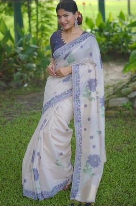 Weaving Cotton Saree in White SR29676