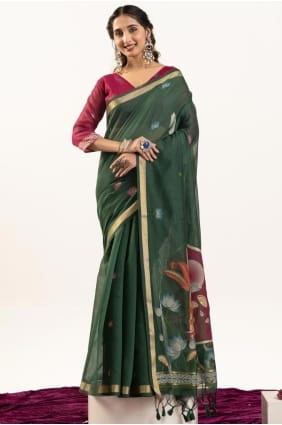 Cotton Zari Green Saree with Blouse SR29596