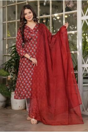 Cotton Straight Pant Suit in Rust  with Printed SK155253