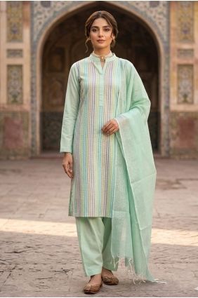 Weaving Cotton Salwar Kameez in Green with Dupatta SK15900