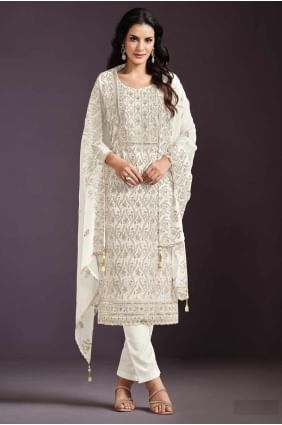 Cream Eid Salwar Kameez in Embroidered Chiffon SK155161