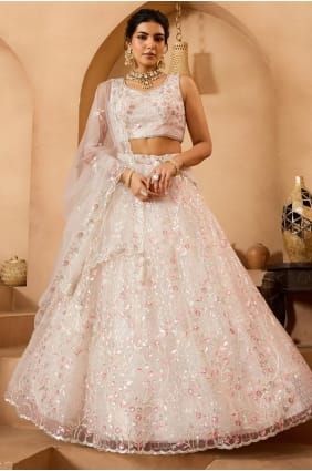 Net Lehenga Choli in Cream with Thread LC8772