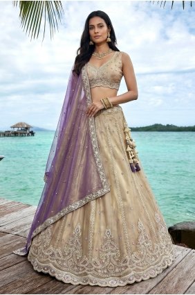Cream Lehenga Choli in Tissue with Embroidered LC9221